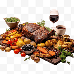 烤肉饭图片_感恩节餐桌，配有烤肉蔬菜和水果