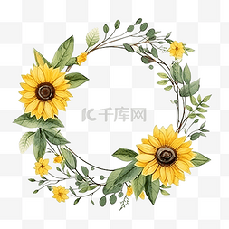 明亮花环图片_黄色向日葵野花和桉叶干树枝花束