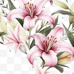 无缝花和芽白色粉红色百合水彩花