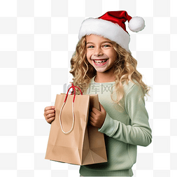 售货员商店图片_戴着圣诞帽和购物袋的女孩在孤立