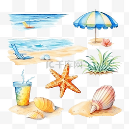 夏日清凉拍照板图片_海滩夏日插画水彩水夏季元素