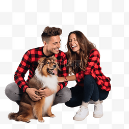 一全家福图片_一对年轻夫妇带着一只狗在圣诞树