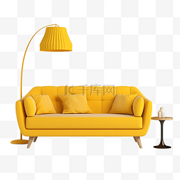 黄色沙发家具图片_中世纪黄色沙发，配有枕头地毯和
