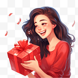 礼品盒插画图片_快乐的女孩打开礼品盒圣诞礼物概