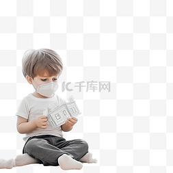 孩子卡通生病图片_小男孩戴着防护面具，在家隔离中
