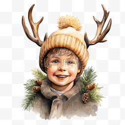 鹿头图片_快乐的男孩穿着圣诞树附近鹿角的