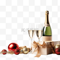红色礼品组合图片_带有香槟和红色的圣诞组合物