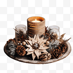 復古桌子图片_星形托盘中的圣诞花环和蜡烛