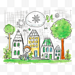 儿童的夏天的画画图片_儿童画家庭与环境构图插画