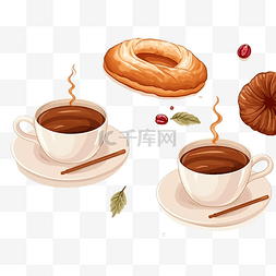 无缝图案可爱的咖啡甜甜圈和羊角
