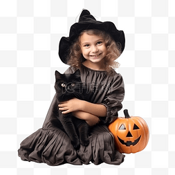 万圣节穿着女巫服装手里拿着黑猫