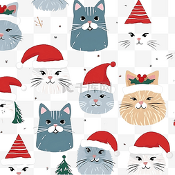 新年小帽子元素图片_圣诞无缝图案新年可爱的动物猫在