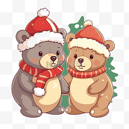 两只戴着圣诞帽和围巾的熊的卡通