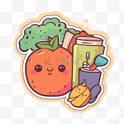 可爱的橙色卡通水果和蔬菜贴纸 