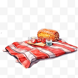 红色沙滩巾野餐毯水彩插画