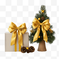 复古木板上的两个黄色圣诞弓和小