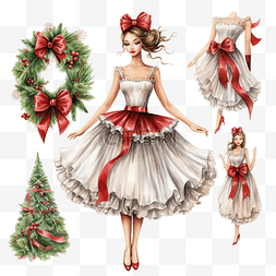 短裙粉色图片_芭蕾舞演员和圣诞节复古元素水彩