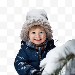 雪中的孩子图片_冬天冰雪覆盖的圣诞树中有趣的小