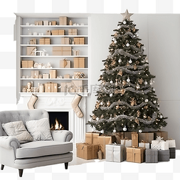 圣诞节舒适的客厅内部配有树和礼