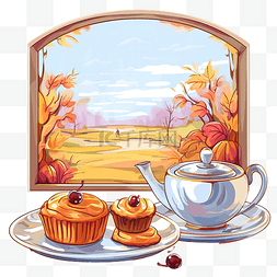 蘑菇树艺术图片_矢量窗台上的一个茶壶一个杯子和