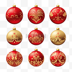 一套矢量金色和红色圣诞球与装饰