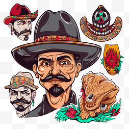男人胡子卡通图片_奇卡诺剪贴画墨西哥纹身套装与留