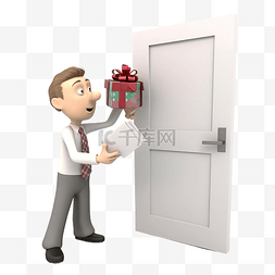 男人在门口扔礼物 3D 人物插图