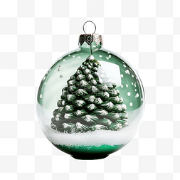 绿色圣诞树上有雪的玻璃圣诞球