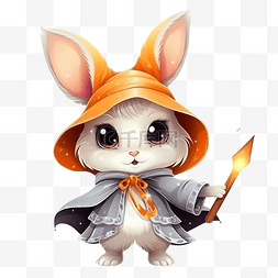 万圣节可爱的兔子巫师戴着帽子