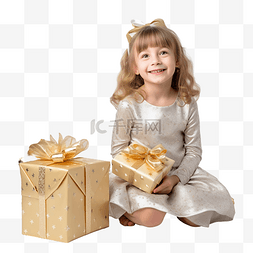 漂亮的礼品盒图片_穿着节日礼服的漂亮小女孩坐在圣