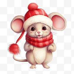 戴着红色帽子的可爱卡通圣诞老鼠