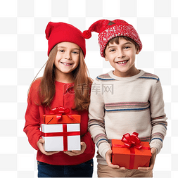 礼盒白图片_戴着红帽的快乐小女孩和男孩，白