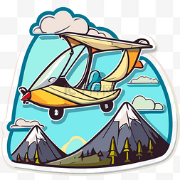 卡通飞行小飞机贴纸与山 向量