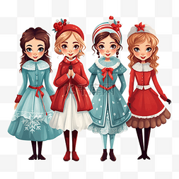 红色礼服插画图片_一群穿着圣诞服装的女性角色被隔