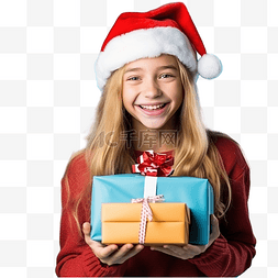 拿包的女孩图片_戴着圣诞帽拿着一份礼物在孤立的