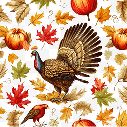 秋天壁纸图片_无缝矢量图案与火鸡和秋叶纹理织