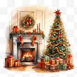 圣诞快乐家庭内部与圣诞树