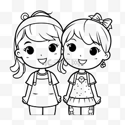 两个小女孩儿童着色页轮廓素描 