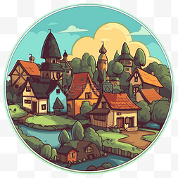 有房屋和树木的卡通村的圆形艺术