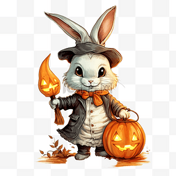兔年快乐轮廓图片_可爱万圣节提着灯笼的南瓜头兔子