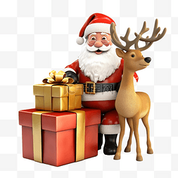 3d 插图圣诞老人骑着鹿和礼品盒
