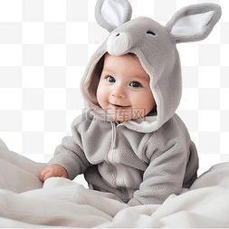 穿着兔子服装的新生婴儿躺在节日