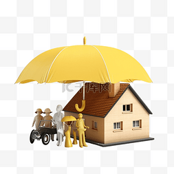 住房安全图片_3d 房子与木制娃娃人物家庭伞车