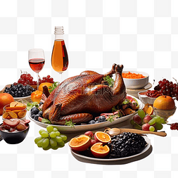 感恩节庆祝餐桌，配有烤鸭和时令