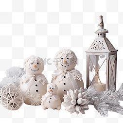 白桌上有雪人和装饰品的圣诞组合