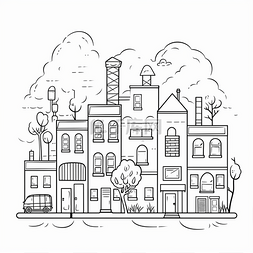 屋线条手绘图片_有树和建筑物的城市手绘风格矢量