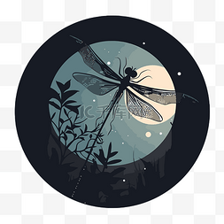 卡通树的剪影图片_蜻蜓剪影在日落在夜树的月亮矢量