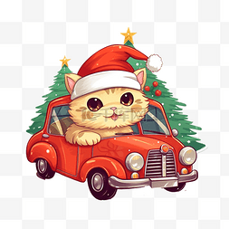 开着汽车图片_快乐的朋友猫开着红色汽车，上面