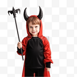 拿着喇叭的男孩图片_自信的小男孩打扮成魔鬼，拿着三