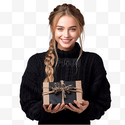 女孩拿包图片_穿黑色羊毛毛衣的女孩拿着用纸包